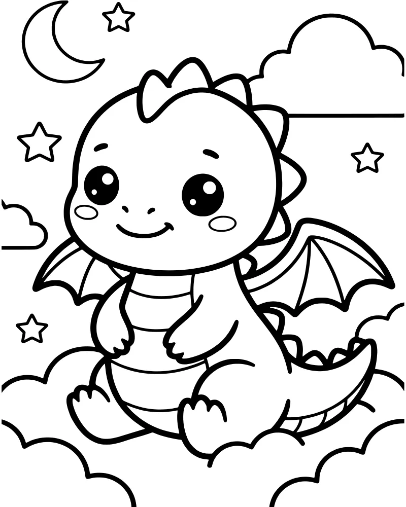 A cartoon baby dragon with small wings sitting on fluffy clouds under a crescent moon and stars in a night sky.