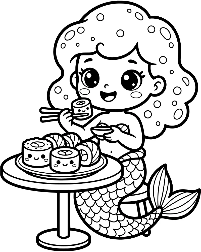 A cartoon mermaid sitting at a wooden table holding chopsticks and eating a plate of sushi rolls under the sea.