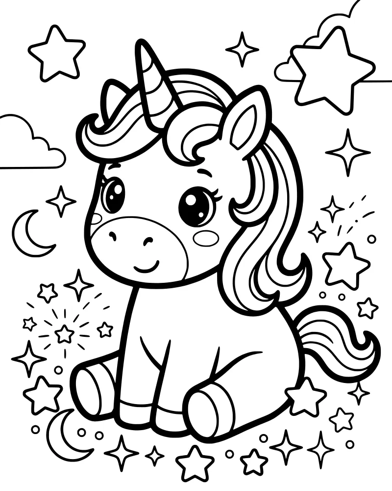 A cartoon unicorn sitting on clouds surrounded by stars and a crescent moon.