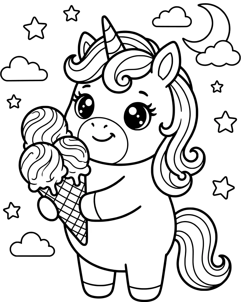 A cartoon unicorn holding a large waffle cone with multiple scoops of ice cream in a night sky with clouds, stars, and a crescent moon.