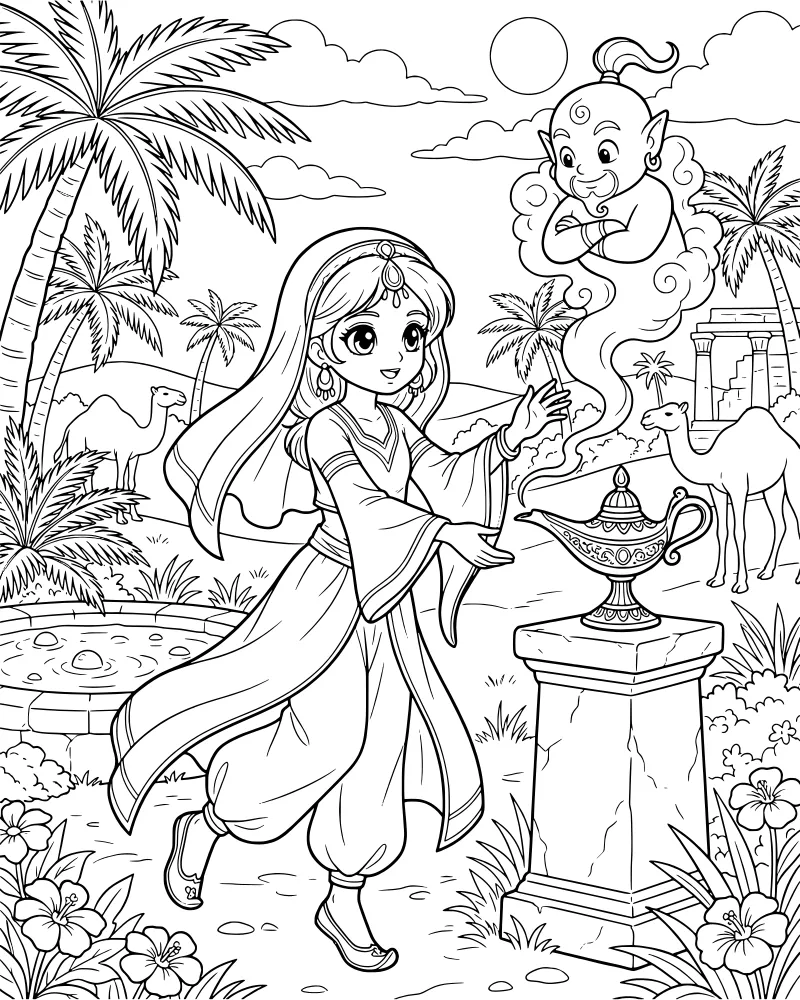 A cartoon woman standing by a stone pedestal as a magical genie emerges from a lamp in a desert oasis with palm trees and camels.