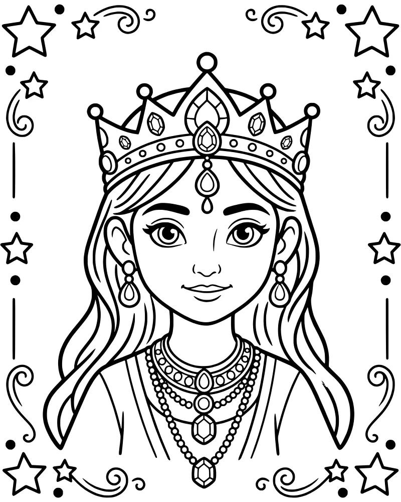 A cartoon portrait of a smiling princess wearing a jeweled crown and necklace, surrounded by a border of stars and swirls.