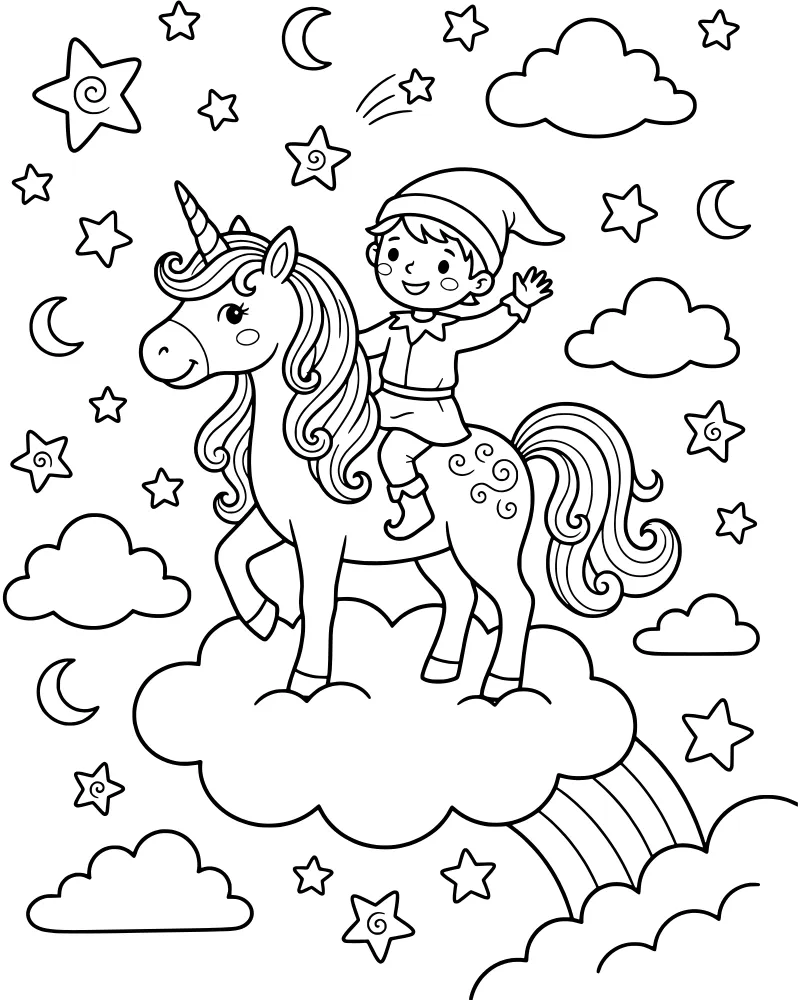 A cartoon child elf riding a unicorn through a night sky with clouds, stars, crescent moons, and a rainbow.