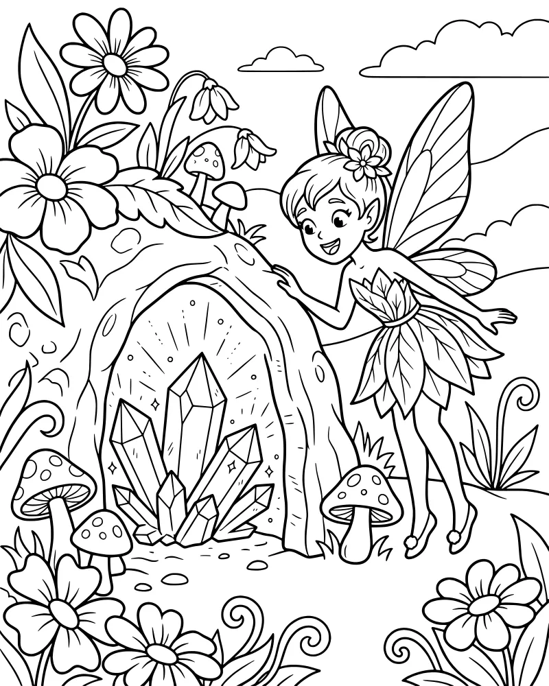 A cartoon fairy standing outside a cave filled with large crystals, surrounded by mushrooms, flowers, and greenery.