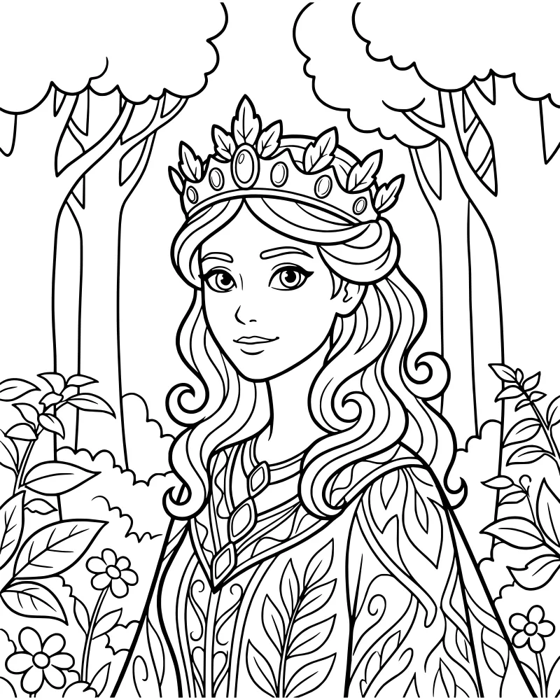 A cartoon princess wearing a jeweled crown and ornate dress standing in a forest with trees, bushes, and flowers.