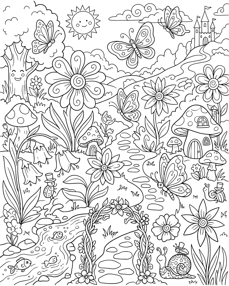 A whimsical cartoon garden with a stone path leading to a castle, featuring a smiling sun, a tree with a face, and snails wearing top hats.