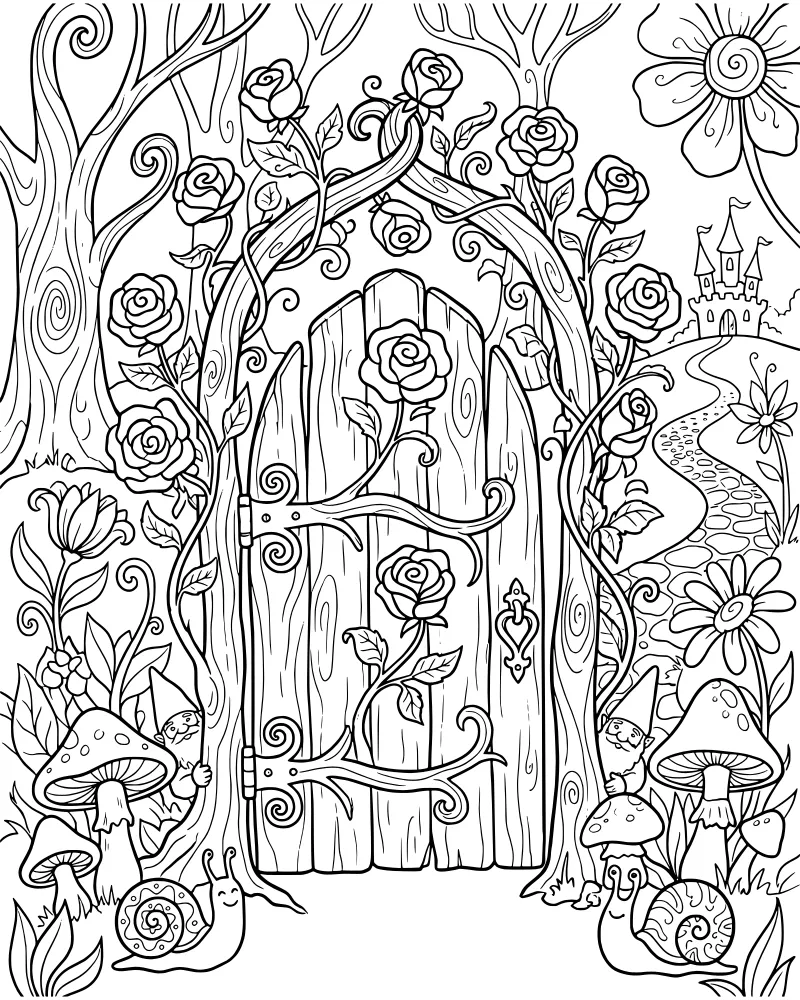 A detailed cartoon line art of a wooden garden gate surrounded by roses, gnomes, mushrooms, and a path leading to a distant castle.