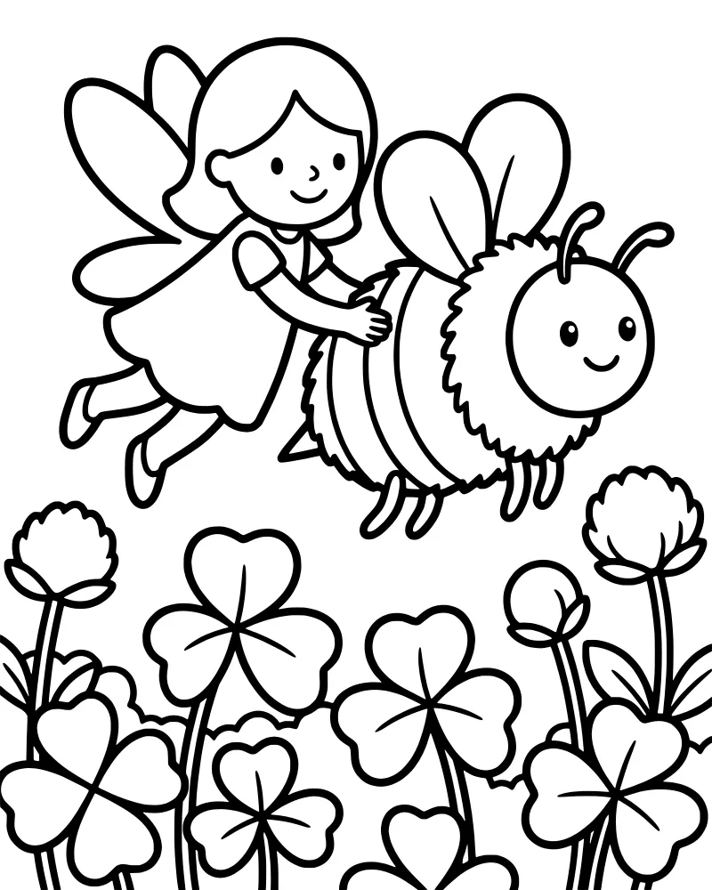 A cartoon fairy with wings riding on the back of a large bumblebee in a field of clover flowers and leaves.