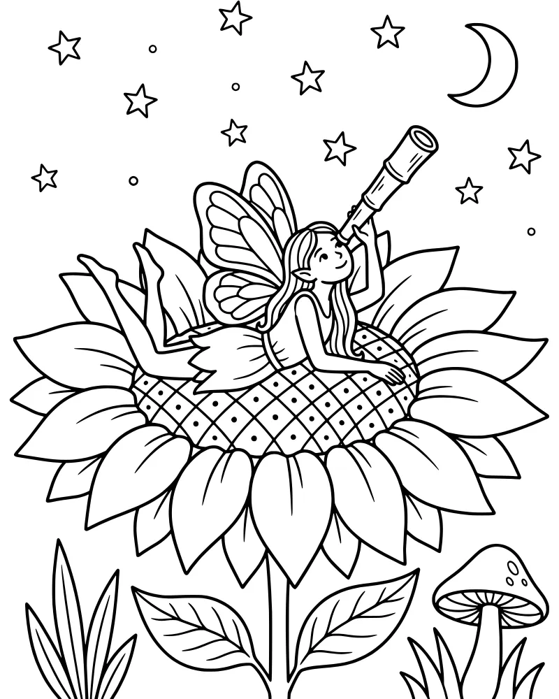 A cartoon fairy sitting on a large sunflower and looking through a telescope at the moon and stars in a night sky.