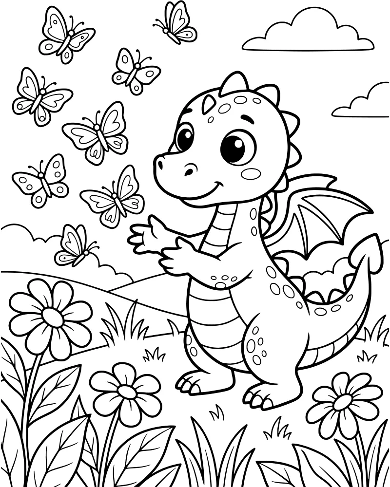 A cartoon baby dragon standing in a meadow of flowers and grass with butterflies flying around and clouds in the sky.
