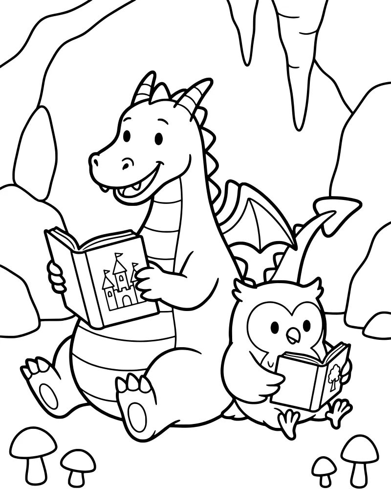 A friendly cartoon dragon and a small owl sitting in a cave reading books with castle and tree illustrations on the pages.
