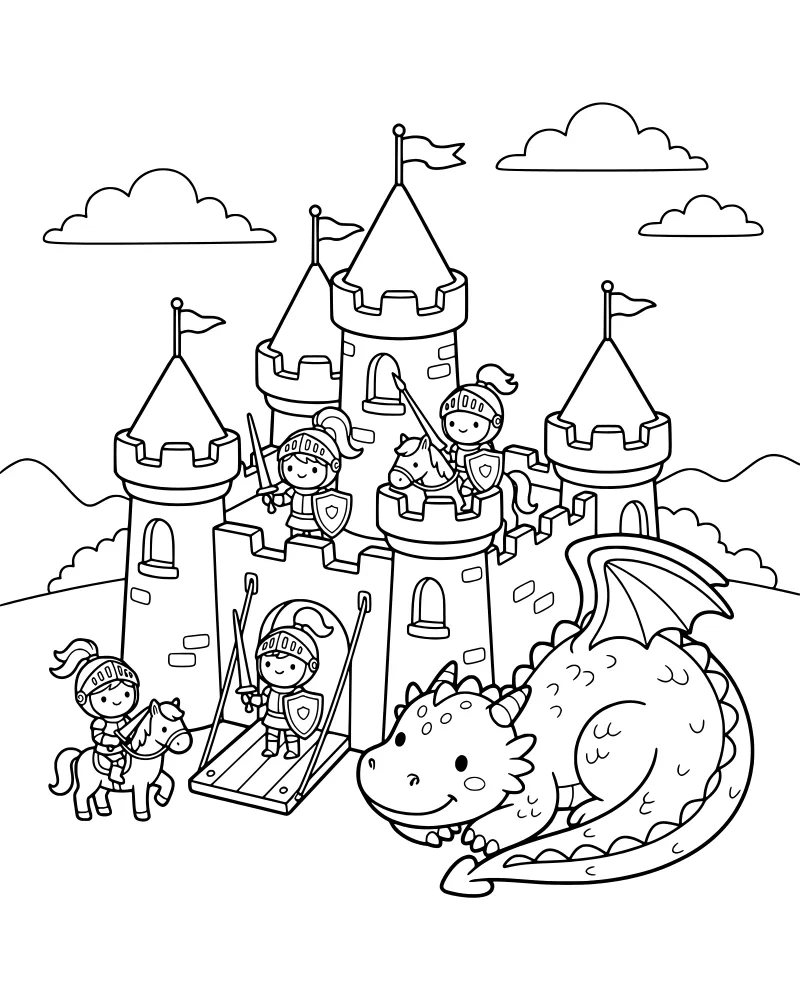 A cartoon dragon resting in front of a medieval castle with knights on horseback and flags flying.