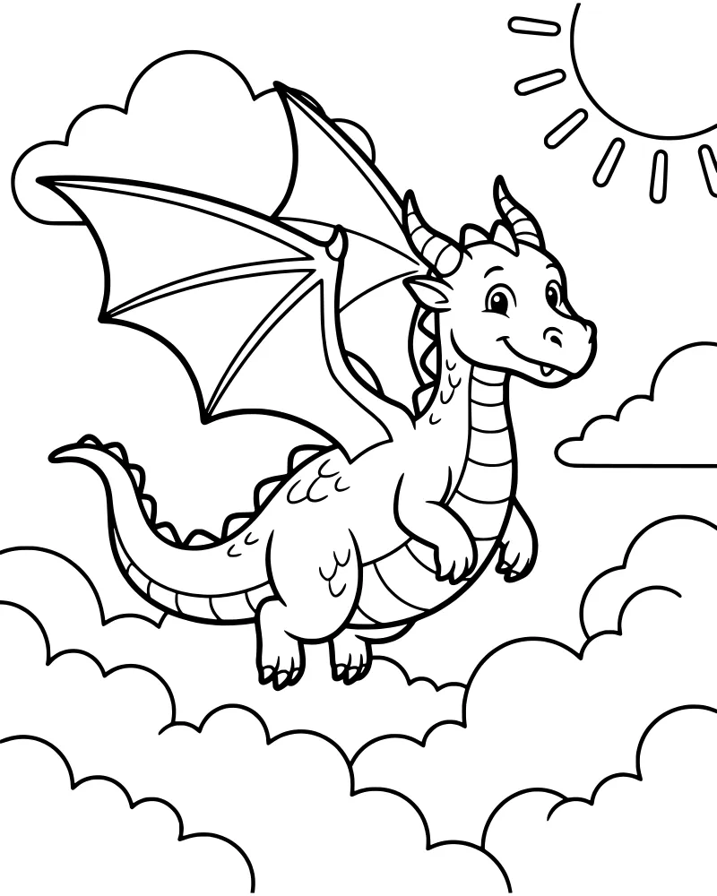 A friendly cartoon dragon with large wings and horns flying through a sky filled with fluffy clouds and a bright shining sun.