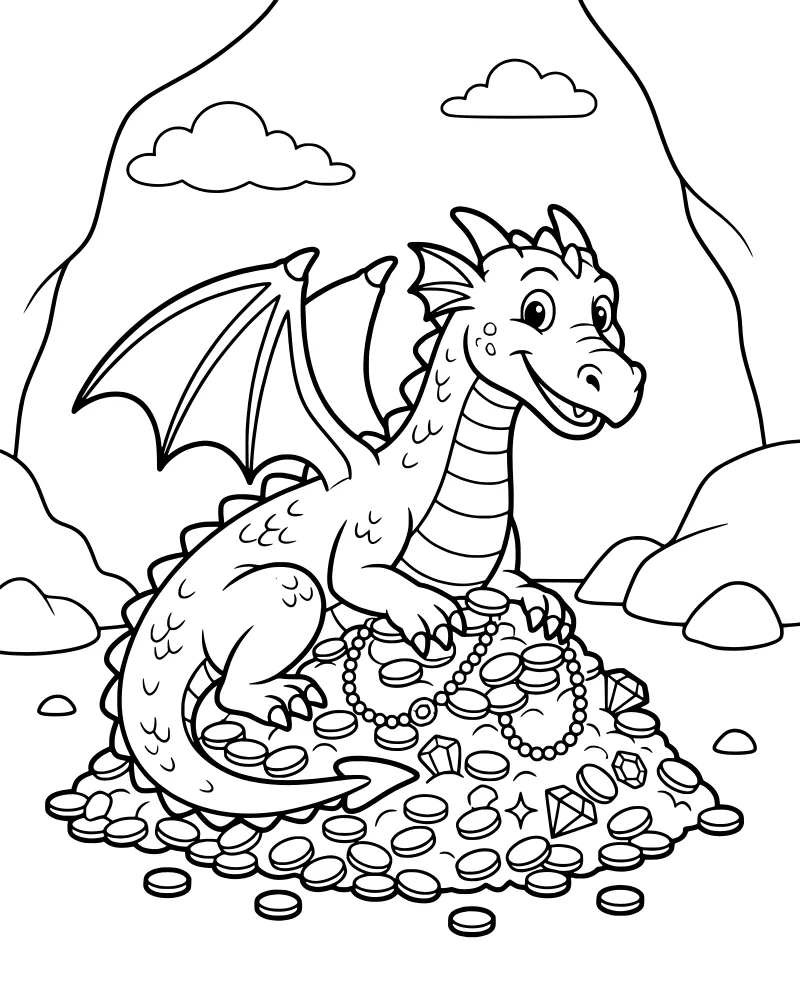 A cartoon dragon with a happy expression sitting on a large pile of gold coins, necklaces, and gems with mountains in the distance.
