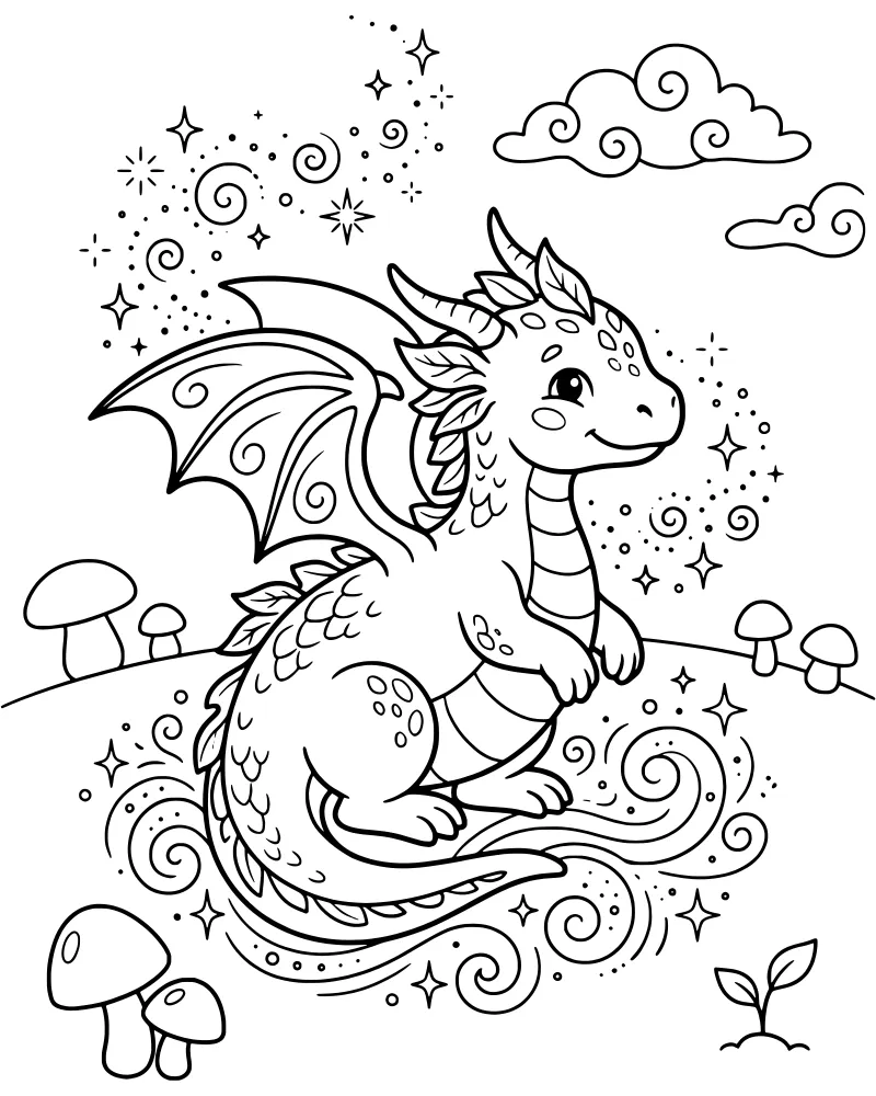 A cartoon dragon with small horns and wings sitting in a field of mushrooms under a starry sky with magical swirls.