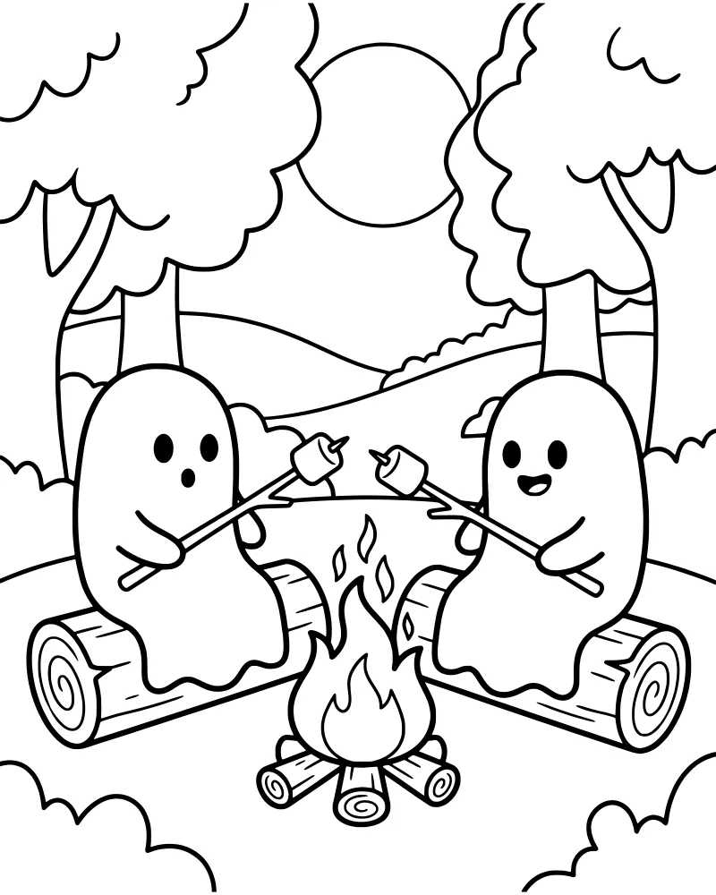 Two cute cartoon ghosts sitting on logs and roasting marshmallows over a campfire in a sunny forest with hills and trees.