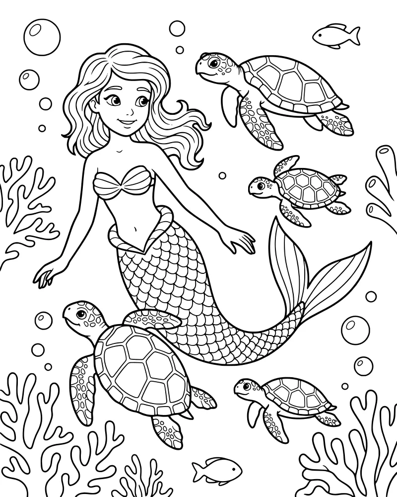 Cartoon mermaid swimming alongside two sea turtles and several small fish near a coral reef with bubbles.