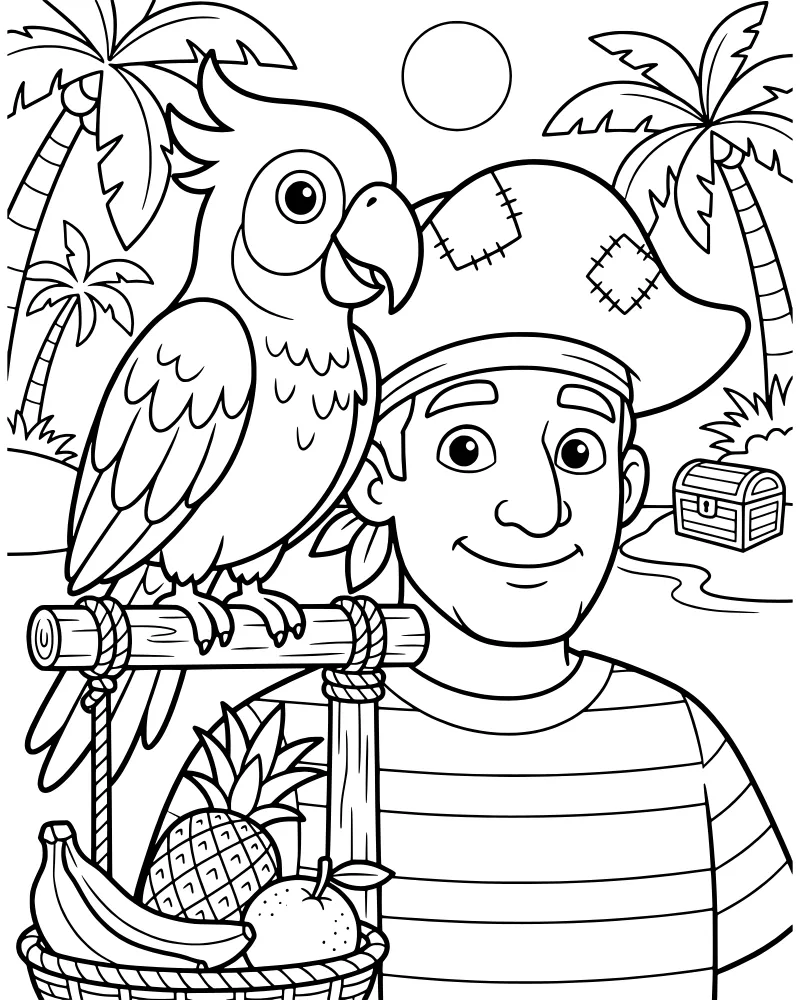 Cartoon pirate and parrot on a tropical island with a fruit basket, treasure chest, and palm trees under a bright sun.