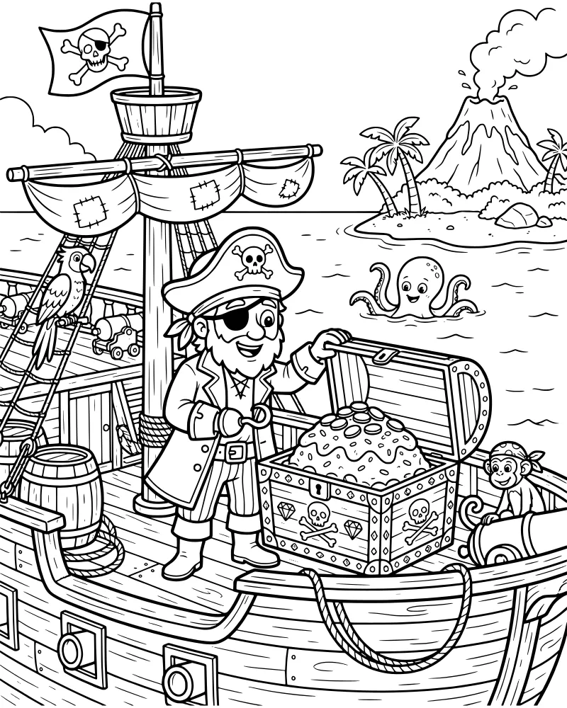 A cartoon pirate on a ship opening a treasure chest with a volcano island and an octopus in the background.