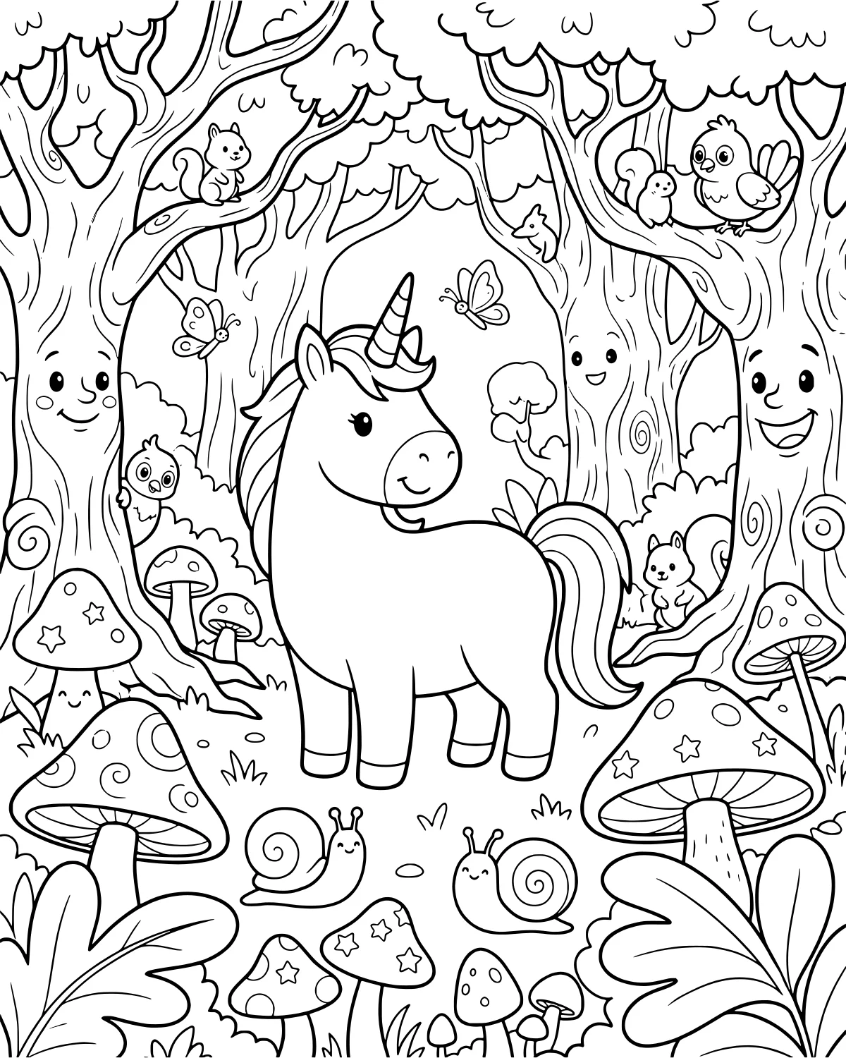 Friendly Unicorn in a Magical Forest coloring page