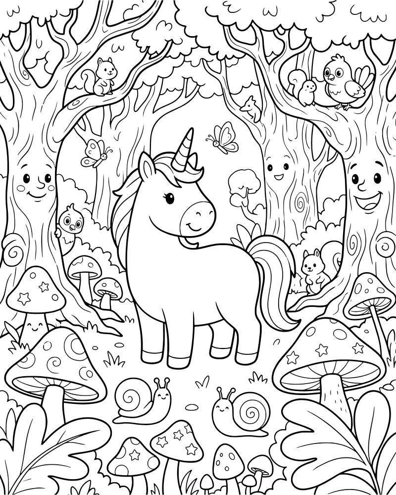 A cartoon unicorn stands in a whimsical forest with two trees that have faces, surrounded by squirrels, birds, and mushrooms.