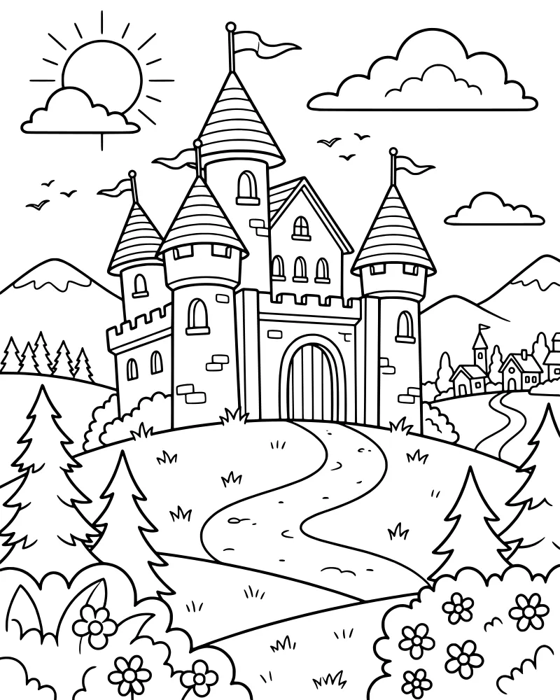 A cartoon castle with towers and flags on a hill with a winding path, mountains, and a sun in the sky.