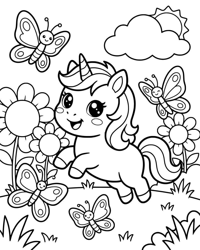 A cartoon unicorn leaping through a field of flowers with butterflies and a sun behind a cloud.