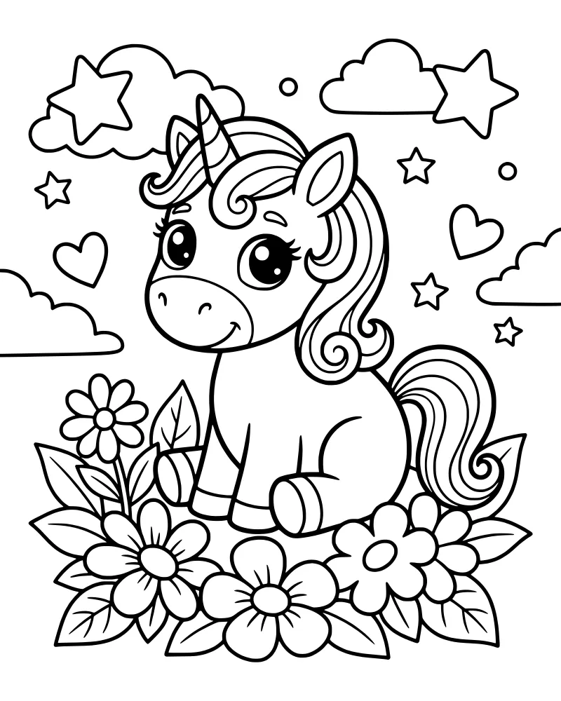 A cartoon unicorn sitting in a garden of flowers with stars, hearts, and clouds in the background.