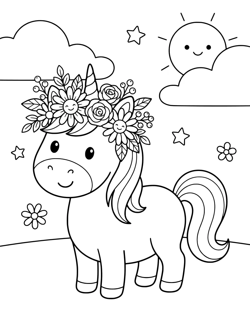 A cartoon unicorn wearing a crown of roses and daisies standing in a field with a smiling sun and stars in the sky.