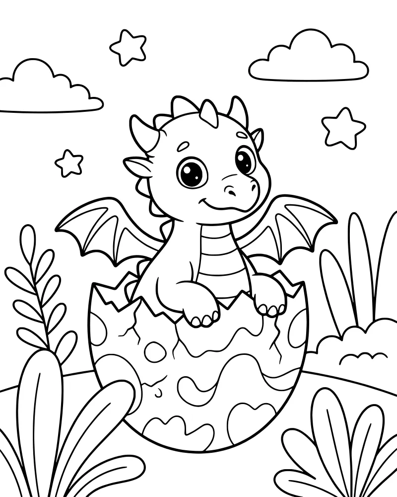 A cartoon baby dragon with small wings and horns sitting inside a cracked eggshell surrounded by leaves and stars.