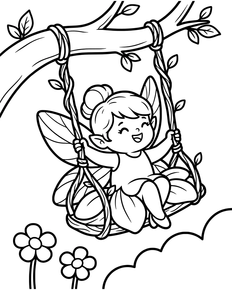A cartoon fairy with beautiful wings swinging on a vine swing attached to a leafy tree branch with clouds and flowers.