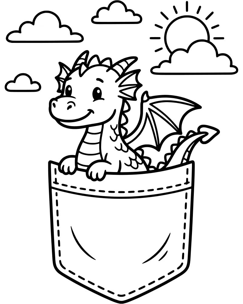 Cartoon baby dragon with small horns and a friendly smile peeking out of a large pocket with a smiling sun and clouds in the background.