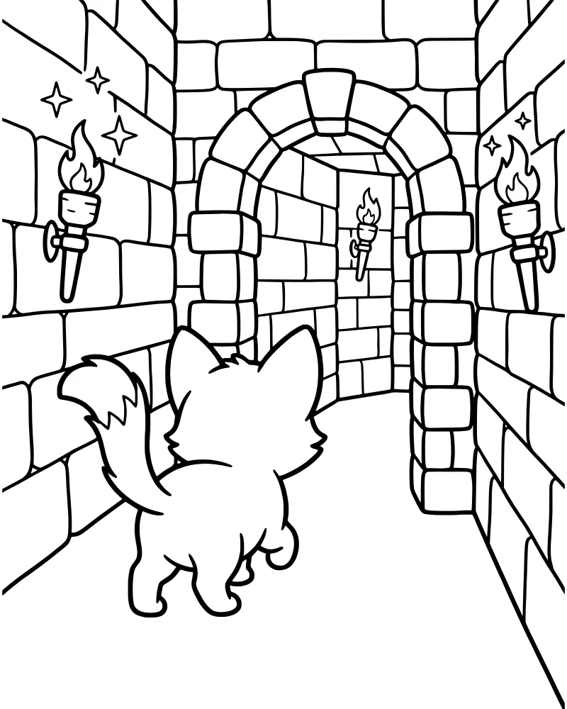 A cartoon fox cub stands in a stone castle hallway with torches on the walls and an arched doorway in the background.