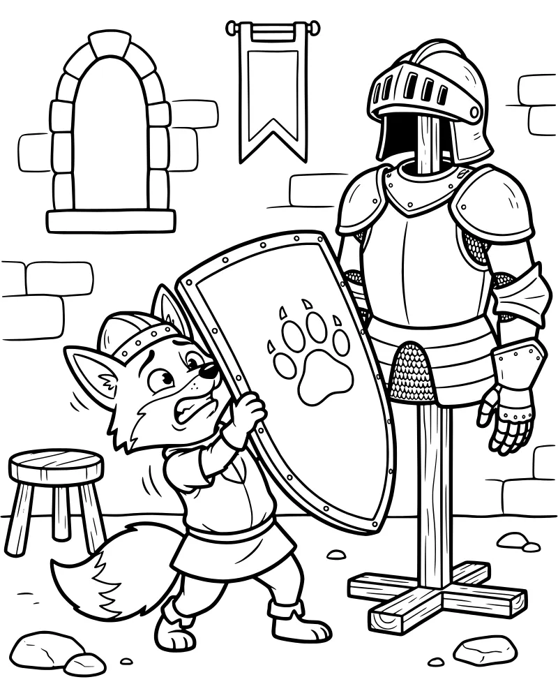 A cartoon fox in knight armor struggling to lift a large shield with a paw print emblem in a castle with stone walls and a suit of armor.