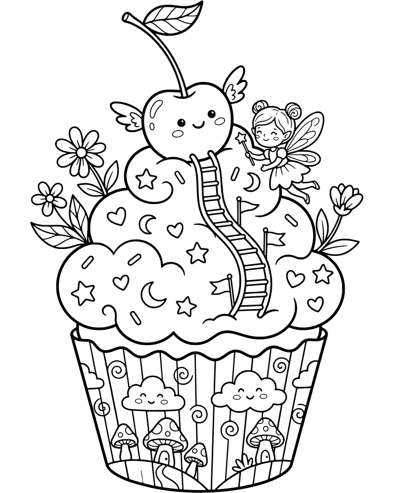 A whimsical cupcake with a winged cherry on top, a fairy flying with a wand, and a garden with mushrooms and smiling clouds.