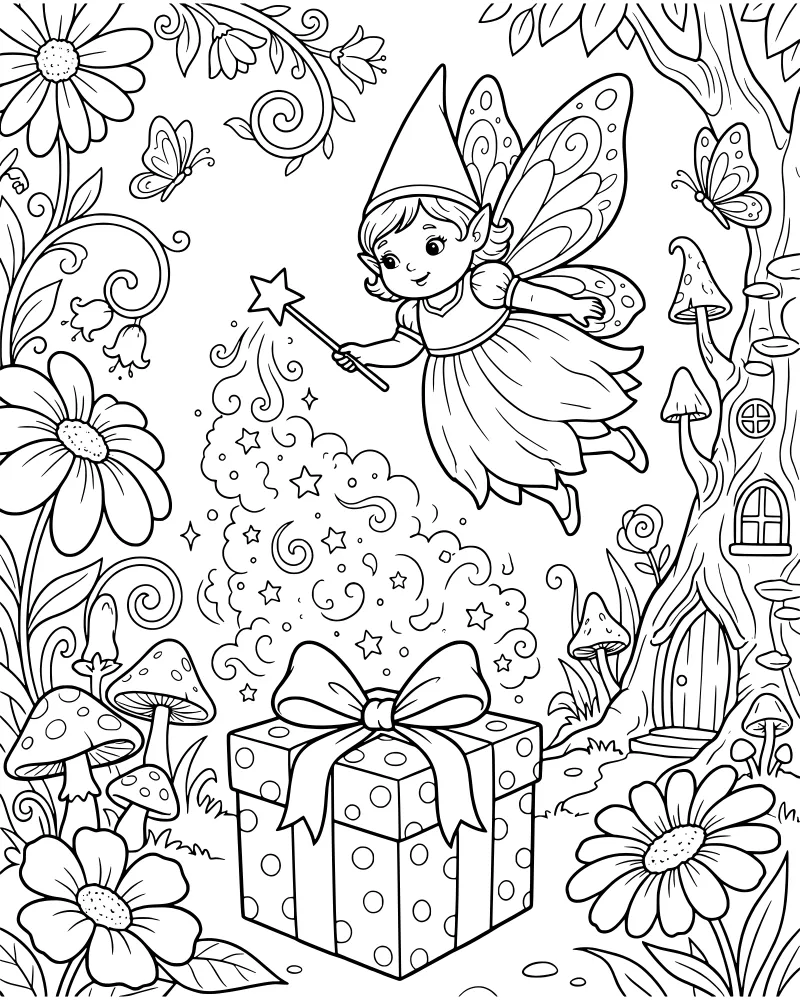 A cartoon fairy with a magic wand flying over a gift box near a treehouse with mushrooms and butterflies.