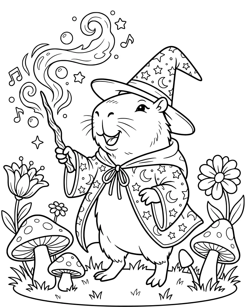 A cartoon groundhog wearing a wizard hat and robe holding a magic wand with stars and bubbles in a forest with mushrooms.