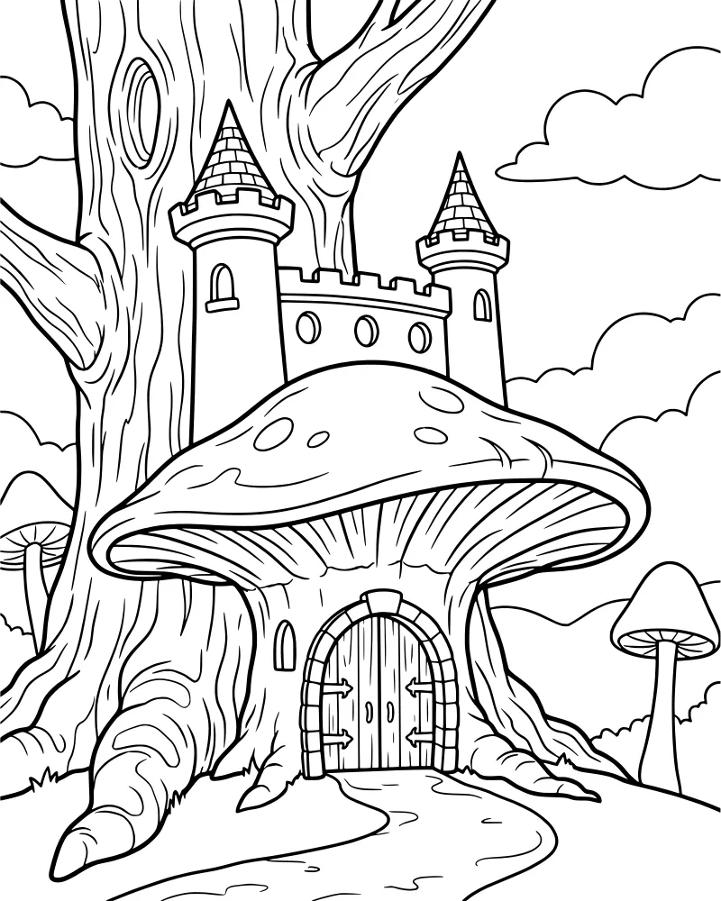 A cartoon-style castle built on top of a large spotted mushroom house next to a giant ancient tree with a stone path and clouds.