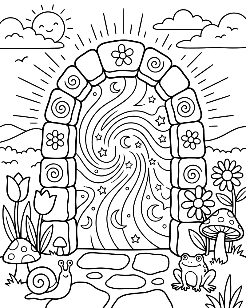 A cartoon stone archway with a star-filled swirling portal inside, set in a landscape with a smiling sun, hills, flowers, a frog, and a snail.