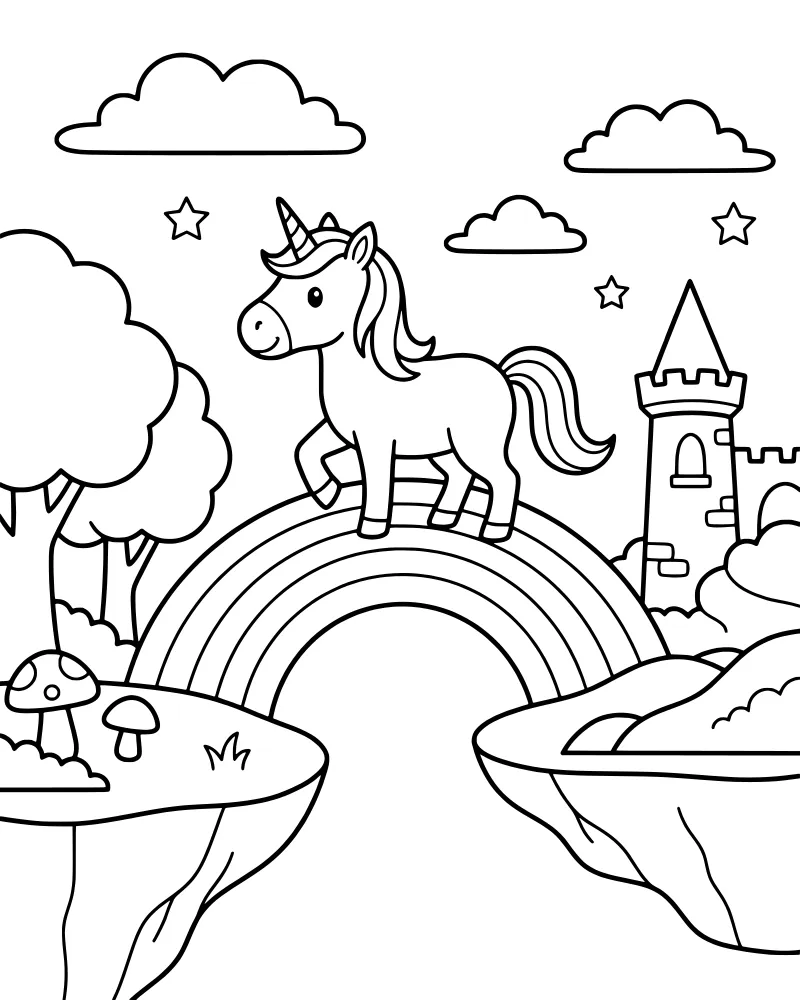 A cartoon unicorn standing on a rainbow in front of a castle with floating islands, trees, and stars.