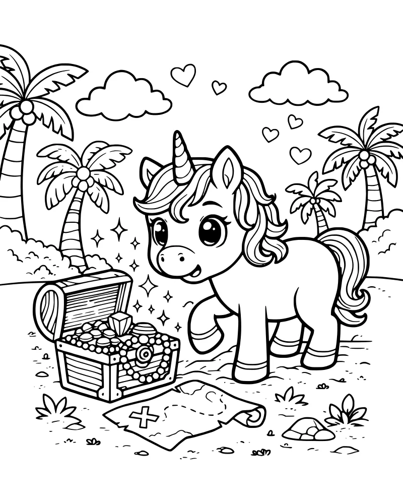 A cartoon unicorn stands on a tropical beach next to an open treasure chest filled with jewels and a pearl necklace near palm trees.