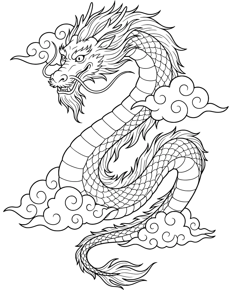 A detailed Chinese dragon with a long serpentine body and flowing whiskers coiling through stylized swirling clouds in a traditional Asian art style.