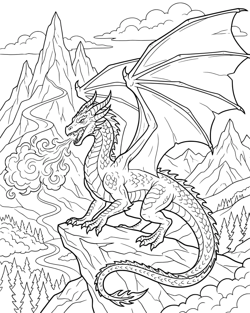 A cartoon dragon perched on a rocky cliff breathing fire over a valley with a river and snow-capped mountains.