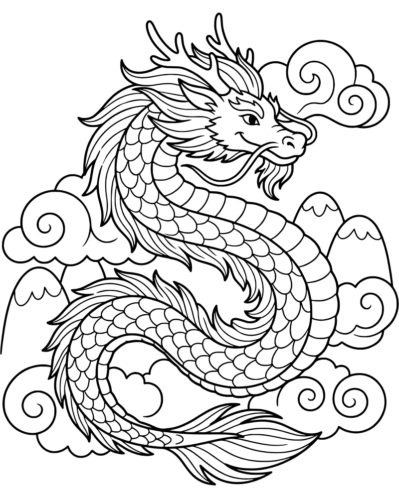 A cartoon dragon with spread wings flying over jagged mountains and large swirling clouds.