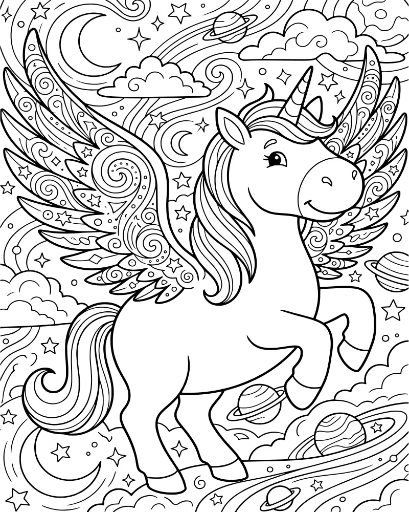 A cartoon winged unicorn flying through a celestial sky with stars, planets, and a crescent moon.