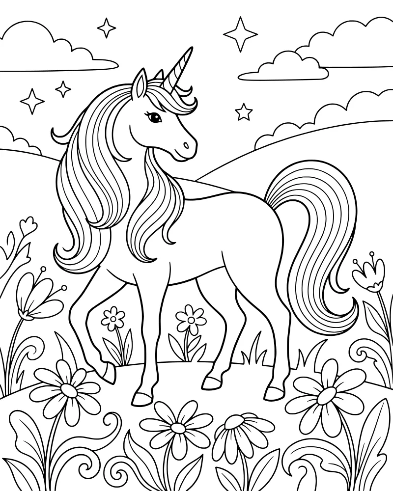 A cartoon unicorn with a long mane and tail standing in a field of flowers and grass with hills, clouds, and stars in the background.