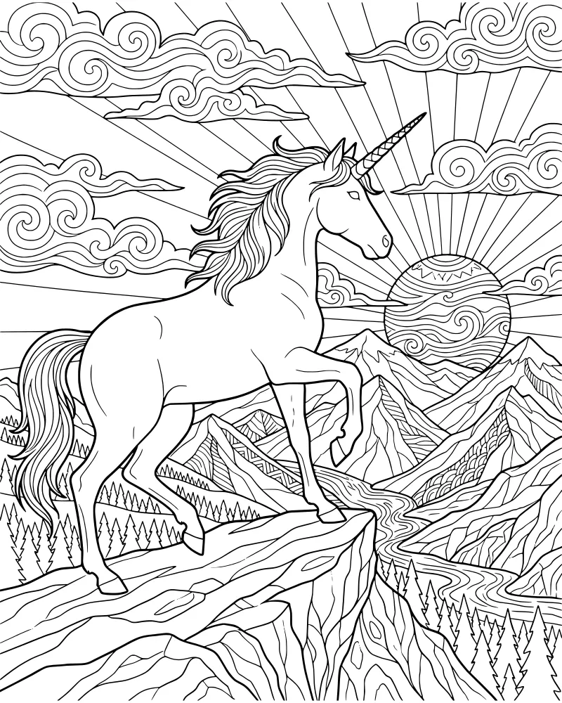 A cartoon unicorn standing on a cliff edge overlooking a valley with a river, mountains, and a large sun in the sky.