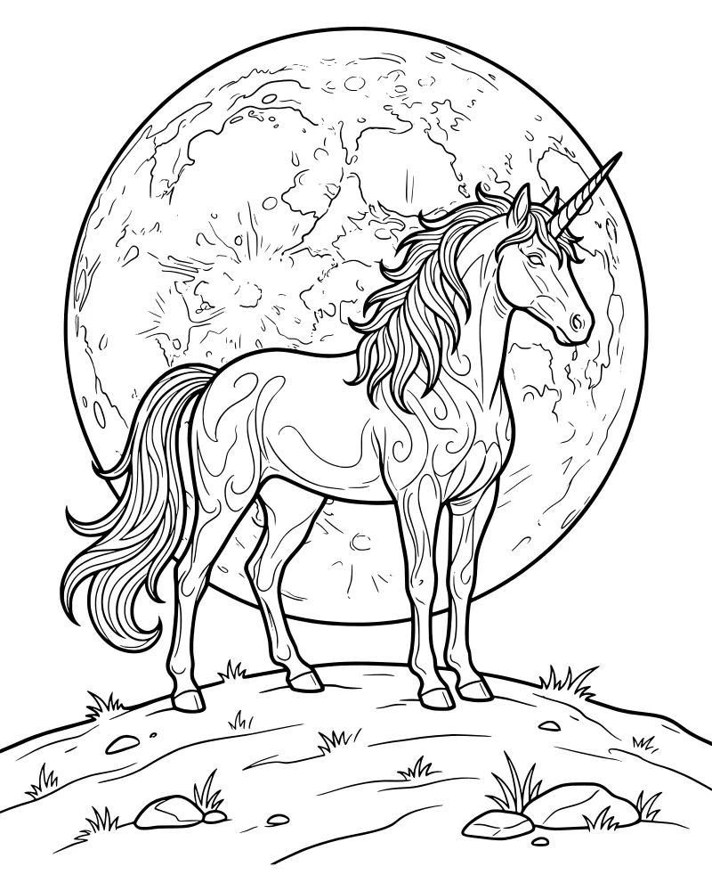 A unicorn standing on a grassy hill with a large detailed moon in the background.
