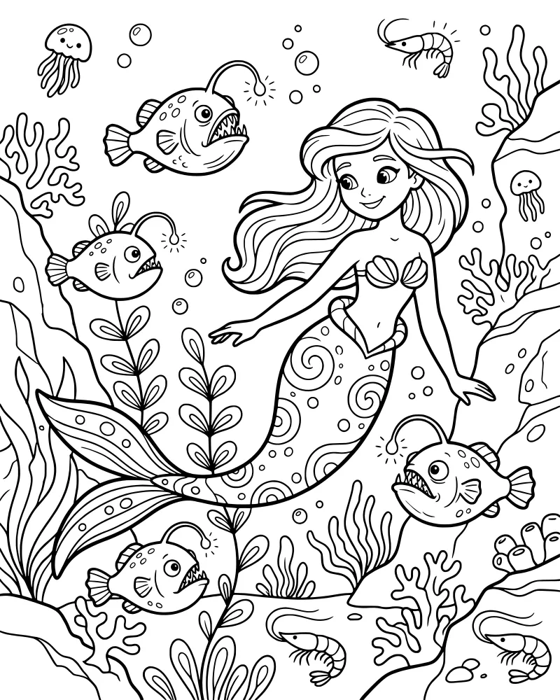 A cartoon mermaid swims alongside a friendly anglerfish and a jellyfish near coral and seaweed on the ocean floor.