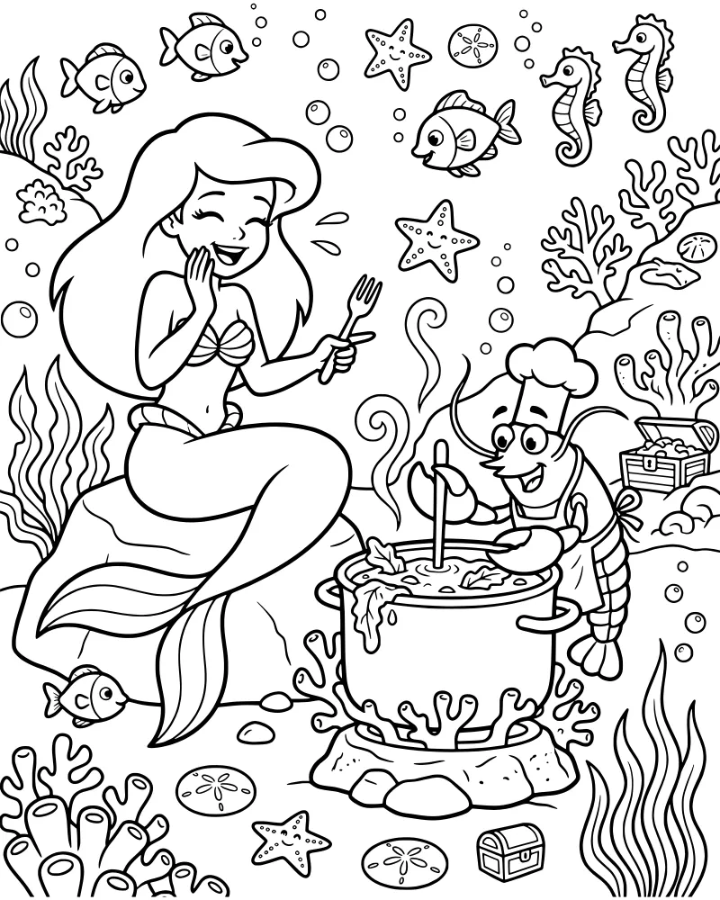 A cartoon mermaid sitting on a rock laughing while holding a fork next to a lobster chef cooking at an underwater stove with coral and fish nearby.